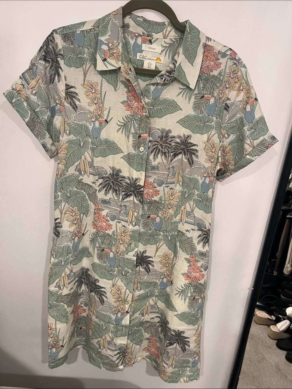 C&C California Sage Green Tropical Button-Down Dress